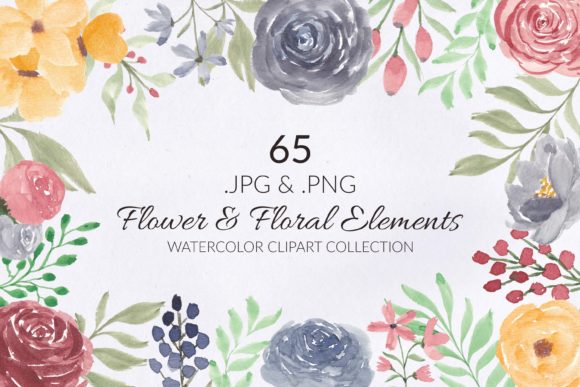 65 Flower and Floral Watercolor Clipart for Illustrations