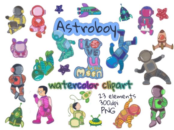 Cute Astronaut Watercolor Clipart and Illustrations