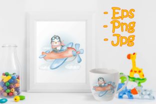 Cute Penguin on a Plane Watercolor Illustrations