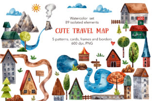Cute Travel Map - Watercolor Clip Art