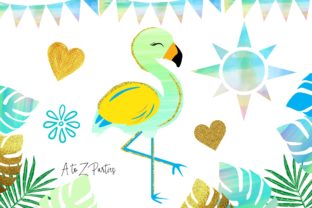 Flamingo Tropical Watercolor Glitter Set & Illustrations