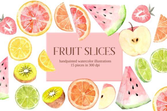 Fruit Slices Watercolor Clipart Set and Illustrations