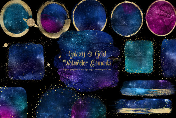 Galaxy and Gold Watercolor Elements Illustrations
