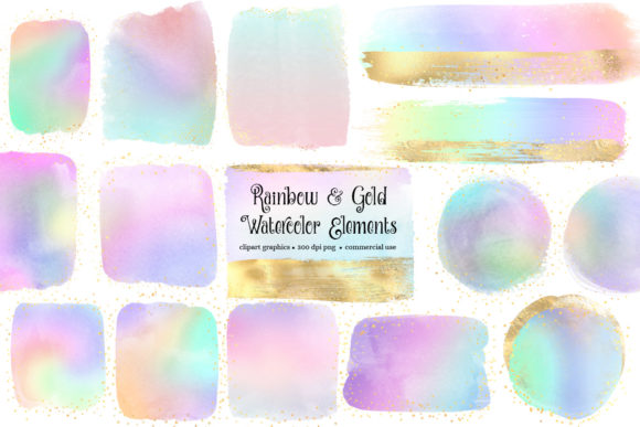 Rainbow and Gold Watercolor Elements Illustrations