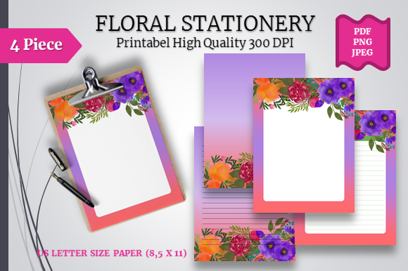 Watercolor Floral Stationery Printable, Illustrations