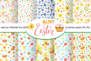 Watercolor Happy Easter Seamless Pattern and Illustrations