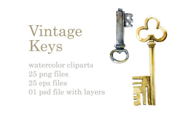 Watercolor Vintage Keys Illustrations
